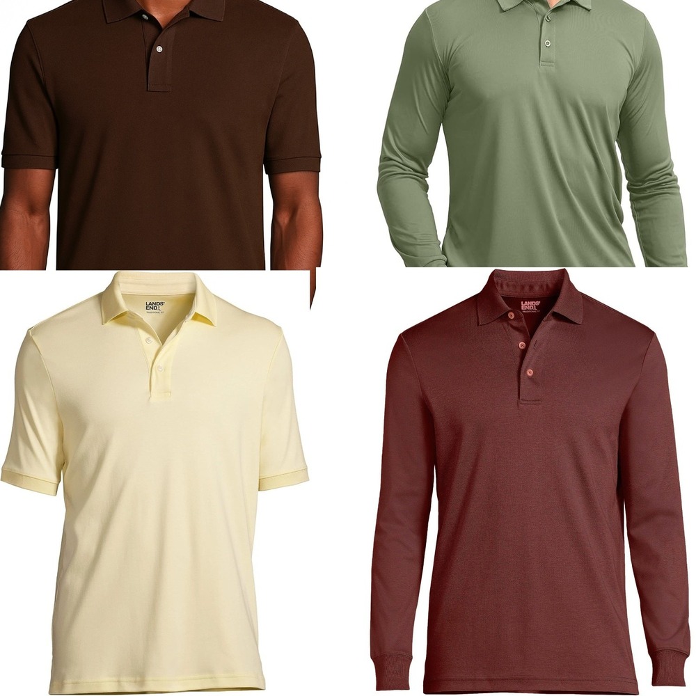 4 Pack Lands' End Mens L Polo - Simple Olive & Rust Red LS, Rich Coffee & Gold